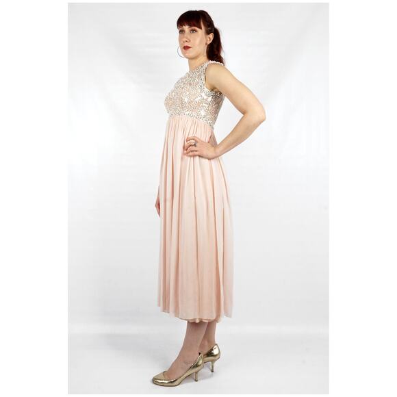 Vintage 60s Pink Silk Chiffon Maxi Dress Beaded Bodice Estelle Allardale | S/M - Picture 3 of 10